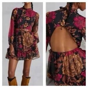 Porridge Anthropologie Floral Mini Dress Open Back Long Sleeve Black Pink Size M